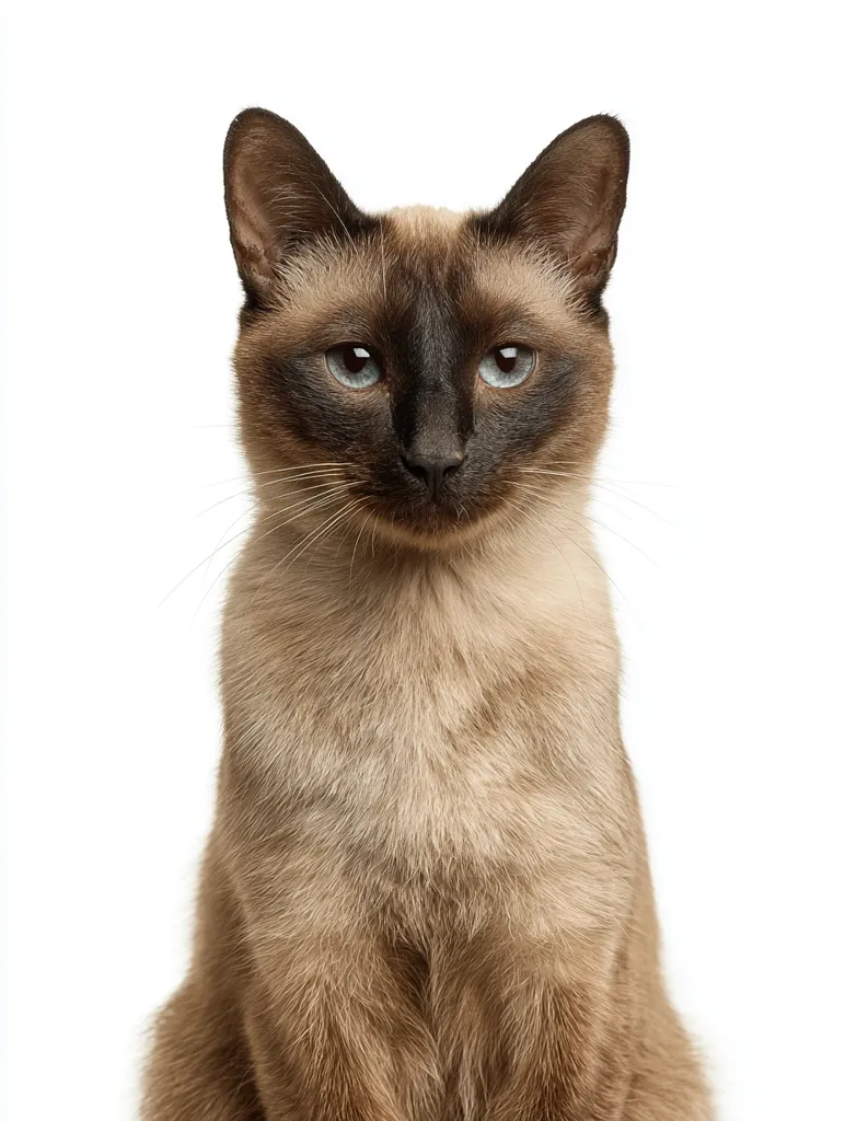 A Siamese cat sits facing the camera against a white background. Its fur is light brown, with darker brown markings on its face and ears.  The cat's blue eyes are striking, and its expression is serious and attentive. The cat appears calm and well-groomed.