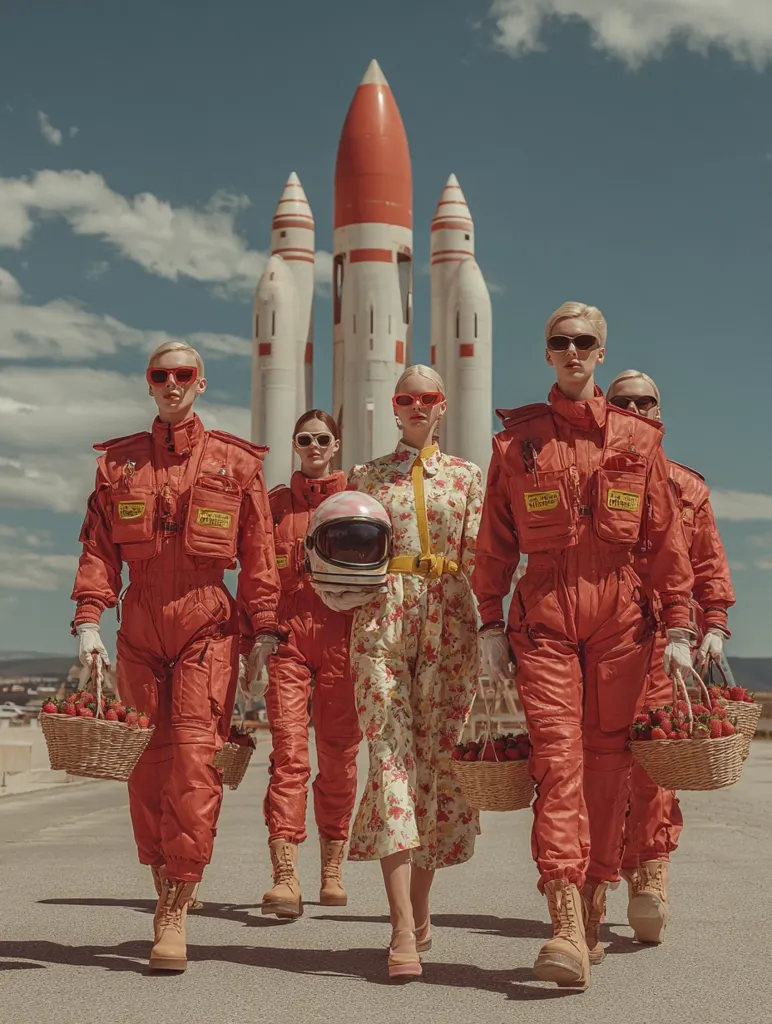 Five women, four in orange jumpsuits and one in a floral dress, walk toward the camera carrying baskets of strawberries. They are positioned in front of three large rockets against a bright sky.  The women in jumpsuits wear sunglasses and boots. The scene evokes a retro-futuristic aesthetic, blending vintage style with space exploration imagery.  The overall vibe is stylish and slightly surreal.