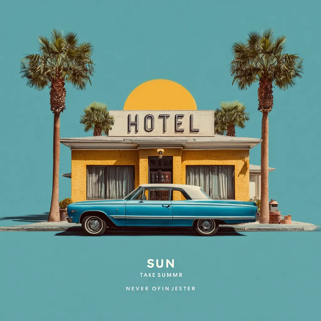 A vibrant retro-styled image features a powder-blue classic car parked in front of a yellow motel.  Palm trees flank the motel, which is bathed in the warm glow of a stylized sunset. The words "HOTEL" are prominently displayed above the motel's entrance.  The minimalist design includes the text "SUN," "TAKE SUMMR," and "NEVER OFIN JESTER," suggesting album art or a promotional piece. The overall aesthetic evokes a sense of vintage Americana and summer vacation.