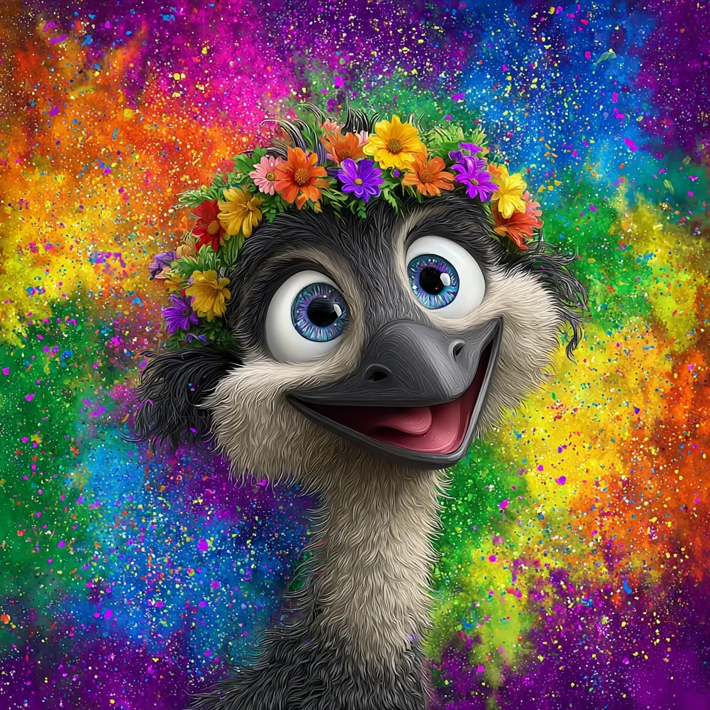 A cheerful emu, adorned with a vibrant flower crown, smiles broadly against a backdrop of colorful, splatter-painted rainbow hues.  Its large, expressive eyes and fluffy feathers contribute to its endearing charm. The overall image is bright, joyful, and playful, evoking a sense of fun and celebration.