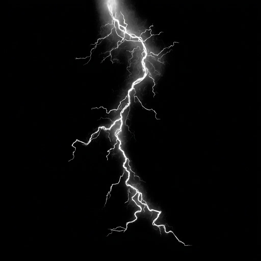 A dramatic, high-contrast image showcases a single lightning bolt against a pure black background.  The bolt's white-hot energy crackles and branches out in a jagged, irregular pattern from top to bottom, creating a visually striking display of power and intensity.  The dark backdrop emphasizes the lightning's luminescence, making it the focal point of the image.