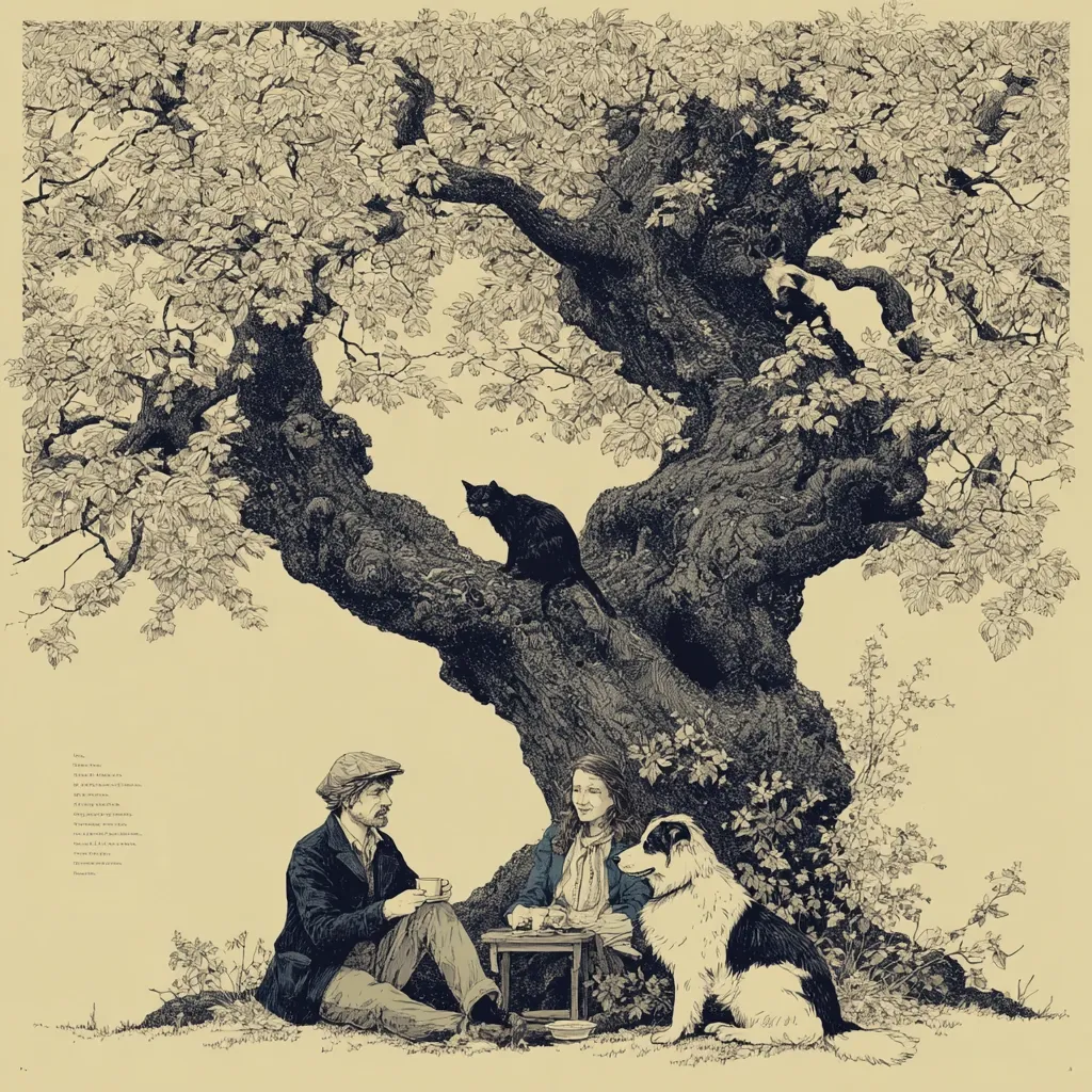 A sepia-toned illustration depicts a tranquil scene under a large, sprawling tree. A man and woman sit on the ground, enjoying tea, while a black cat perches on a branch above them, and a black and white border collie sits attentively nearby. The detailed drawing showcases intricate leaf patterns and bark textures, creating a peaceful and slightly melancholic atmosphere.  The style is reminiscent of vintage book illustrations.