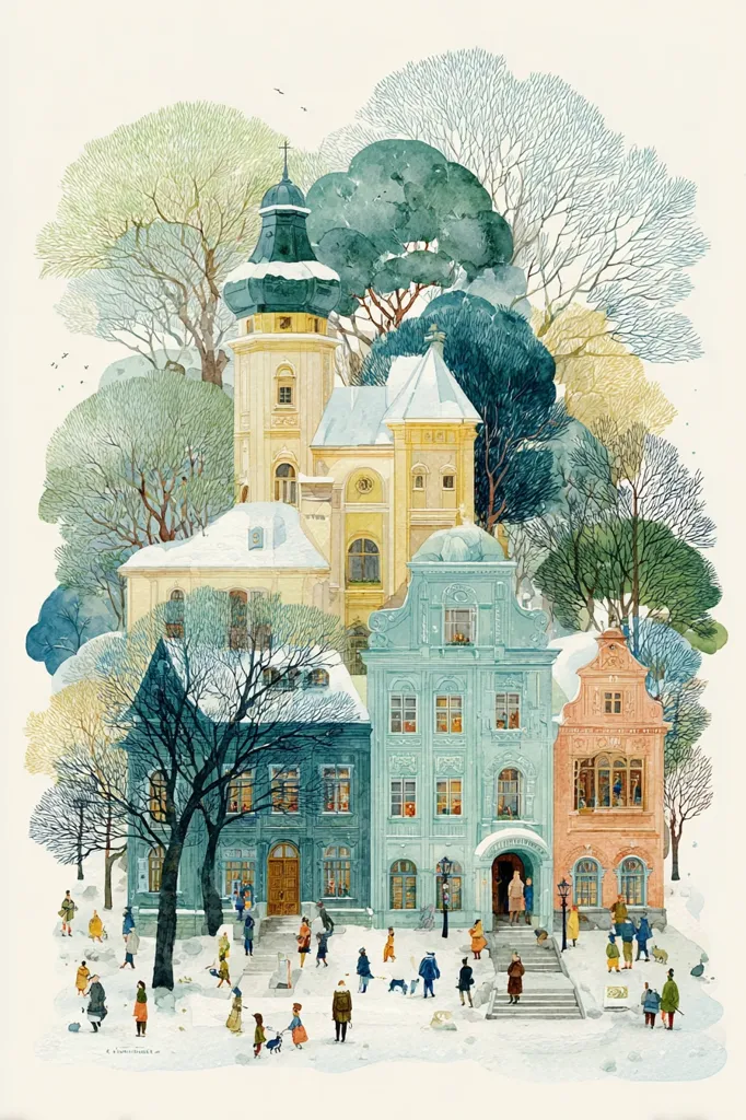 A charming watercolor painting depicts a snow-covered European village scene.  Quaint houses in pastel shades of teal, peach, and yellow cluster around a larger building resembling a church or town hall.  Bare, snow-dusted trees frame the buildings, and small figures of people and animals populate the snowy square, creating a peaceful and idyllic winter atmosphere. The style is reminiscent of classic children's book illustrations.