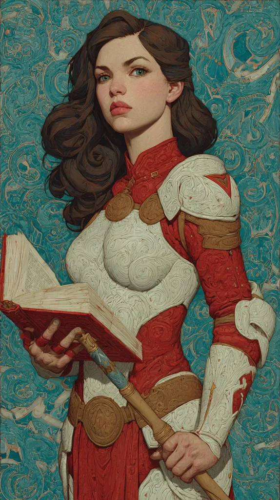 A painting of a woman, possibly a warrior or scholar, with long brown hair. She wears ornate, red and white armor detailed with swirling patterns, and holds an open book and a staff.  Her expression is serious and her gaze is direct. The background features a teal patterned design. The style is painterly and realistic with a focus on texture.