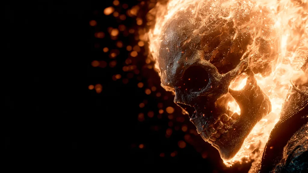 A fiery skull, engulfed in intense orange and yellow flames, dominates the image.  The skull's texture is rough and detailed, contrasting with the smooth, flowing fire.  Embers and sparks dance around it, set against a dark background speckled with out-of-focus light.  The overall impression is one of intense heat and otherworldly power.