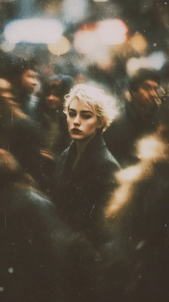 A young woman with short blonde hair stands out amidst a blurred crowd.  She's dressed in a dark coat, her expression serious and pensive. The background is a bokeh of city lights and moving figures, creating a sense of anonymity and urban solitude.  The image has a vintage, grainy texture, enhancing the melancholic mood.
