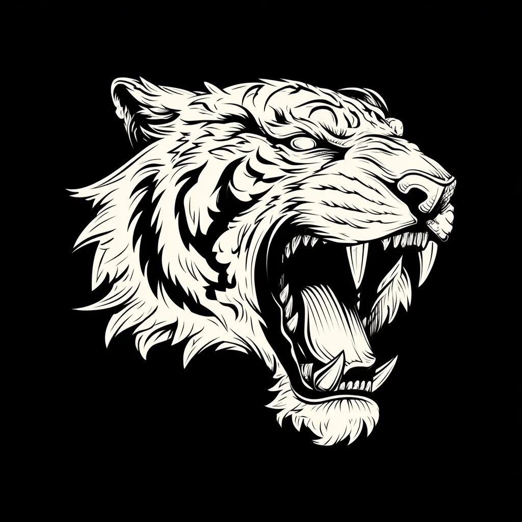 A striking black and white illustration depicts the head of a roaring tiger.  The tiger's mouth is wide open, revealing sharp teeth and a visible tongue.  The detailed linework emphasizes the tiger's fur and muscular features, creating a powerful and fierce image against a stark black background.  The style suggests a woodcut or tattoo design.