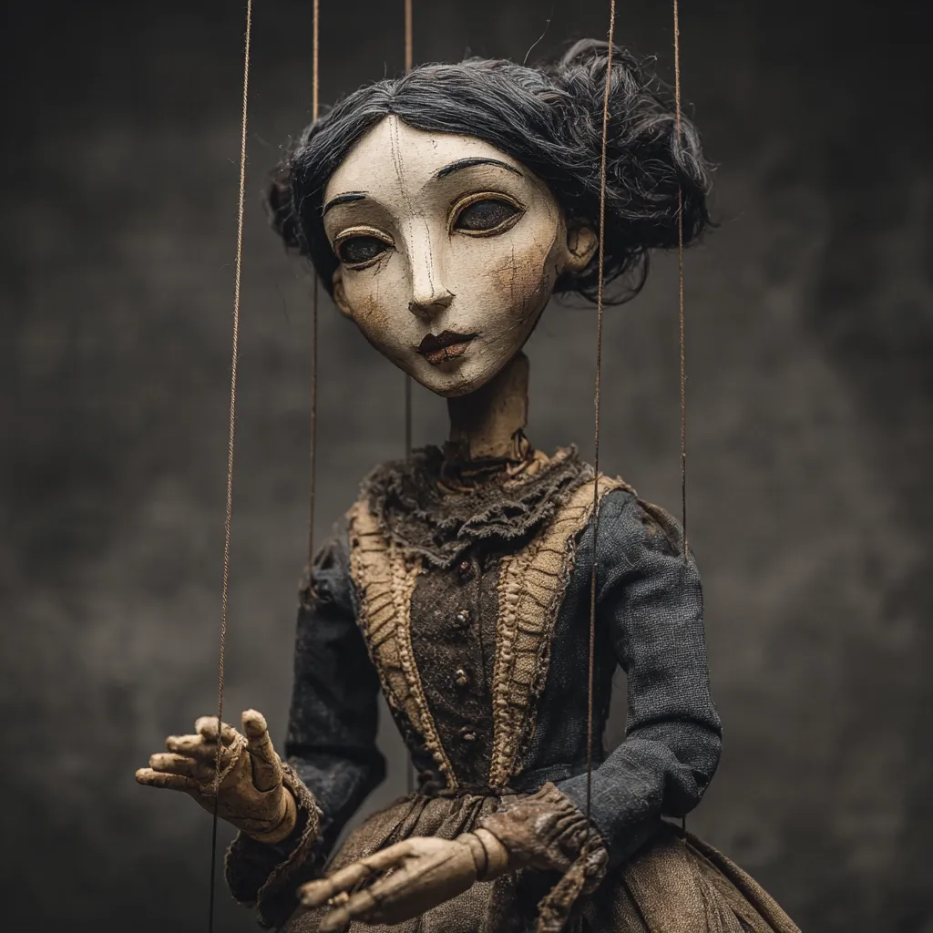 A meticulously crafted marionette, seemingly female, is captured in a close-up shot.  The puppet's face displays a melancholic expression, with painted details suggesting age and wear. Its antique-style dress adds to the vintage aesthetic.  The strings controlling the puppet are visible, highlighting its nature as a marionette. The dark background emphasizes the intricate detail and somber mood of the image.