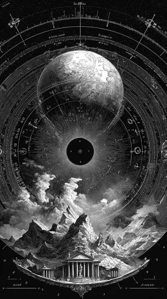 A monochrome celestial illustration features a detailed depiction of a planet, possibly Earth, within a circular, astrological chart.  The chart is intricately designed with markings and labels suggesting astronomical coordinates and celestial bodies.  At the bottom, a mountainous landscape with a classical temple is visible, creating a contrast between the cosmic and the terrestrial. The overall style is reminiscent of antique engravings or scientific illustrations.