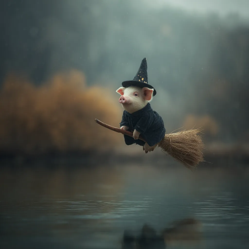 A tiny piglet, dressed in a miniature witch's costume and pointed hat, flies on a broomstick over a calm body of water.  The background is a muted autumnal landscape, creating a whimsical and enchanting scene. The piglet appears to be enjoying its magical flight. The overall mood is dreamy and slightly spooky, perfect for a Halloween-themed image.