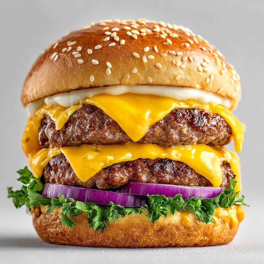 A mouthwatering double cheeseburger takes center stage.  Two juicy beef patties are layered with melted cheddar cheese, a creamy sauce, and red onions, all nestled between a sesame seed bun and fresh lettuce. The image highlights the burger's rich textures and vibrant colors, making it incredibly appetizing.  The burger looks incredibly juicy and flavorful.