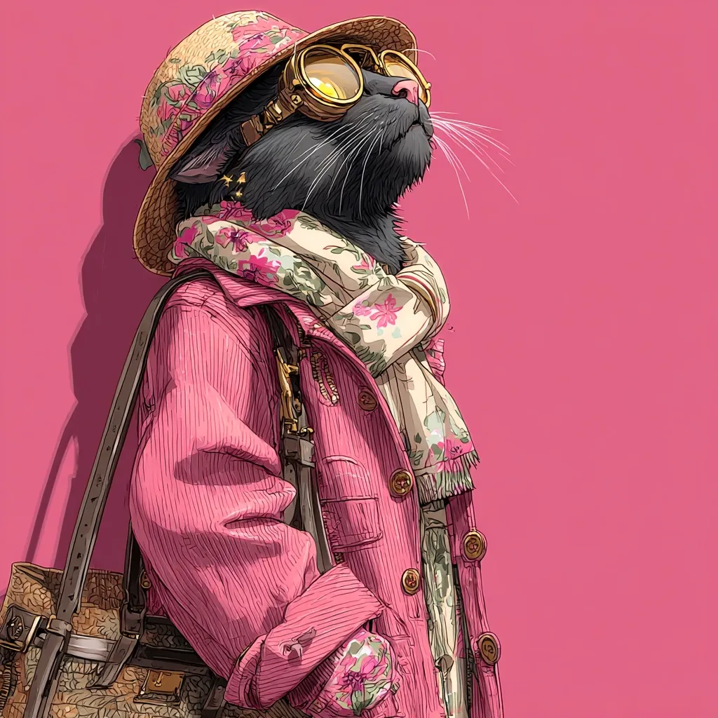 A stylish black cat is depicted wearing a pink corduroy coat, a floral scarf, a straw hat adorned with flowers, and goggles.  The cat carries a brown leather handbag and looks upward with a sophisticated air. The illustration is rendered in a detailed, almost painterly style against a vibrant pink background. The overall aesthetic is fashionable and whimsical.