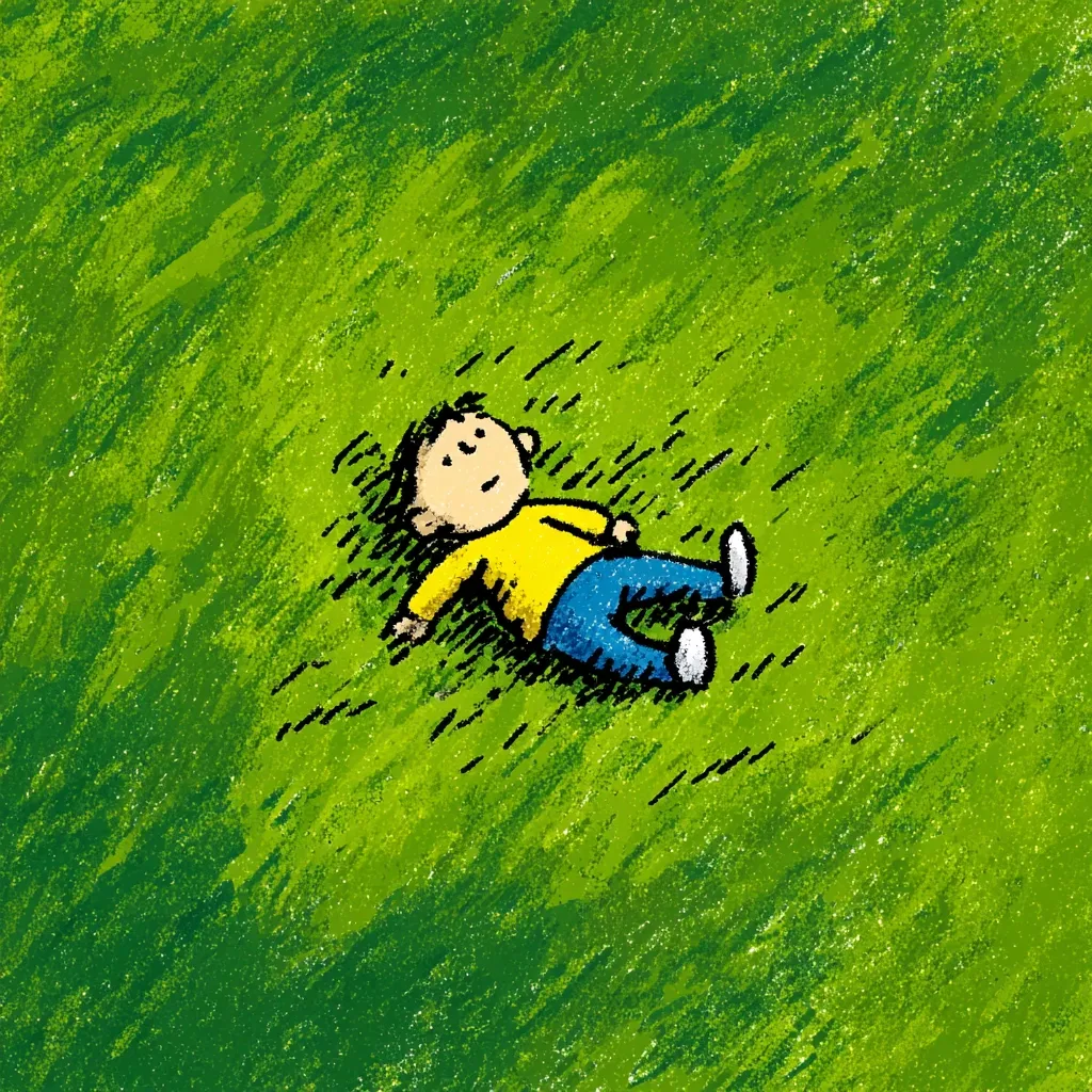 A child lies on their back in a vibrant green grassy field.  They are wearing a yellow shirt and blue pants, arms outstretched slightly.  The child appears relaxed and peaceful, gazing upwards. The style is reminiscent of childlike crayon drawings, with a textured, sketchy quality to the image. The overall impression is one of carefree summer fun.