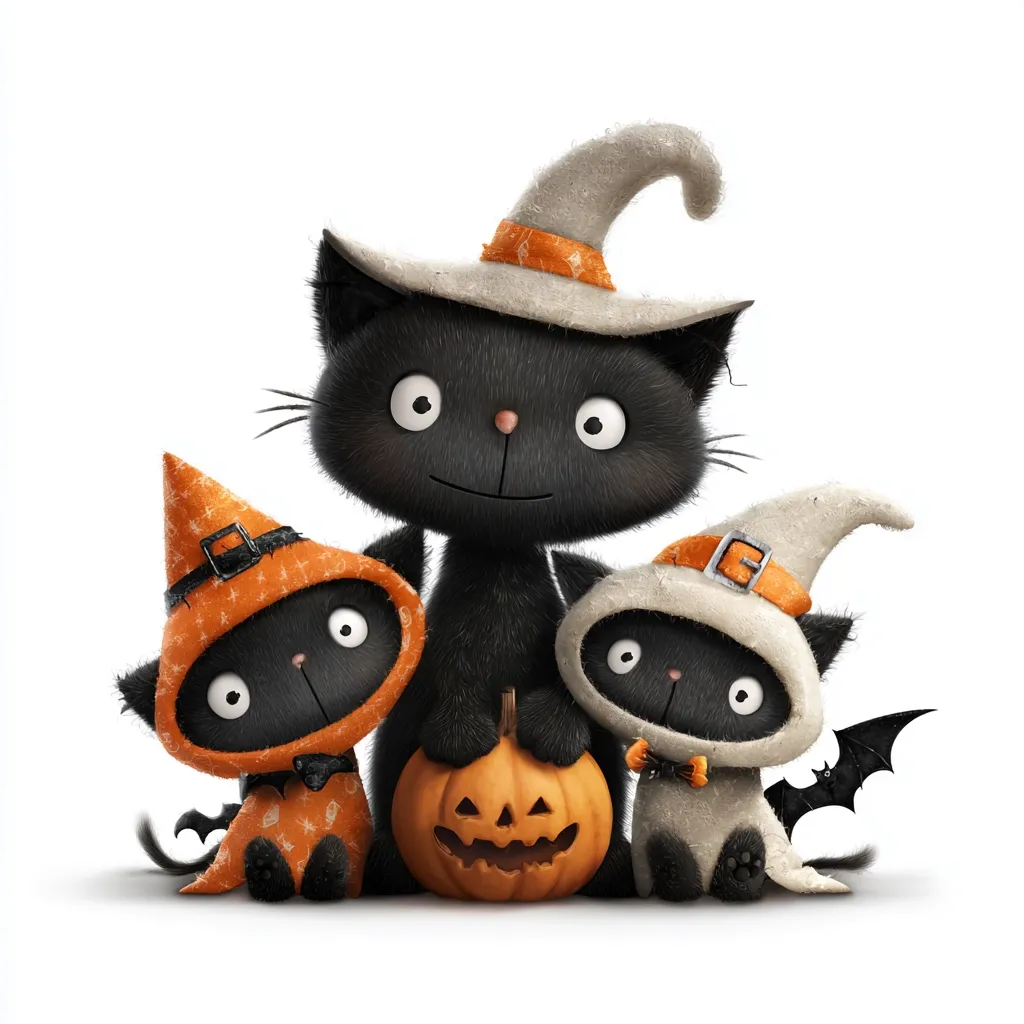 Three adorable cartoon black kittens dressed in Halloween costumes pose with a carved pumpkin.  The largest kitten wears a witch's hat, while the smaller kittens are in orange and off-white hooded cloaks, one with bat wings.  Their large eyes and playful expressions create a charming and festive Halloween image.
