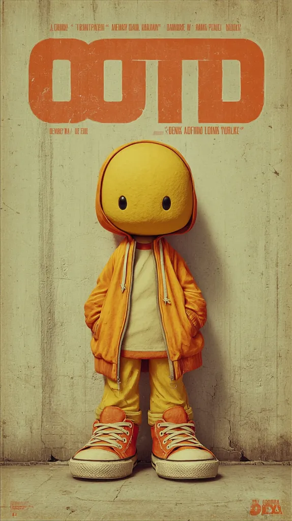 A poster for the film "OUTD" features a stylized character: a rounded, yellow-headed figure wearing an orange hoodie and matching sneakers. The character stands against a textured, beige wall. The title "OUTD" is prominently displayed in orange lettering, with additional text in smaller font. The overall aesthetic is retro and slightly nostalgic.