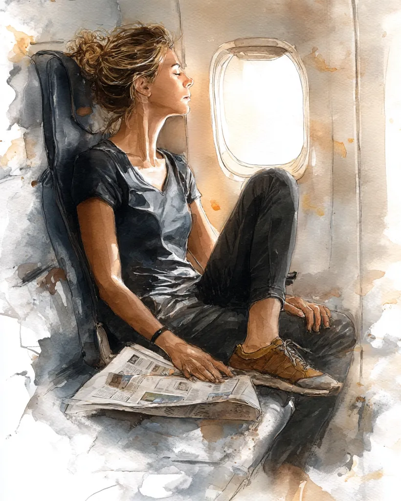 A watercolor painting depicts a young woman sleeping peacefully on an airplane.  She's seated by the window, her eyes closed, legs crossed, and a newspaper resting on her lap.  Sunlight streams through the window, illuminating her relaxed posture. Her attire is casual—a simple dark gray t-shirt and dark pants—enhancing the sense of comfort and ease. The overall style is soft and impressionistic.