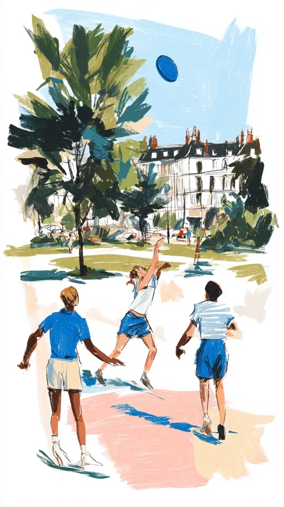 A vibrant illustration depicts three young individuals engaged in a game of frisbee in a park.  The scene is set against a backdrop of lush greenery and a classic-style building.  The individuals, dressed in casual summer attire, are dynamically positioned, suggesting movement and playful competition. The artist's loose, expressive brushstrokes lend a sense of carefree energy to the scene.  A blue frisbee arcs in the sky.