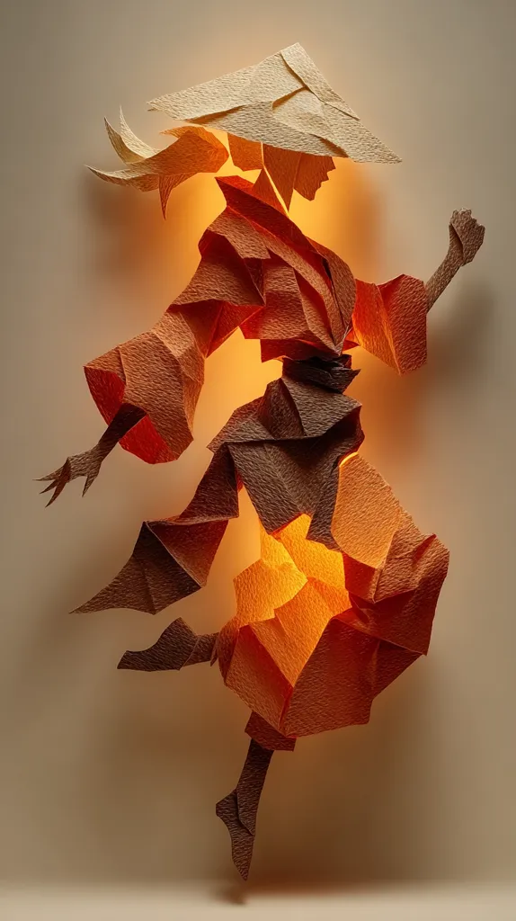 A captivating paper sculpture depicts a dynamic figure in a flowing robe and conical hat.  The artwork uses varying shades of orange and brown, creating a textured, almost three-dimensional effect.  Internal lighting illuminates the figure from within, enhancing the intricate folds and creases of the paper. The pose suggests movement and energy, conveying a sense of grace and dynamism.
