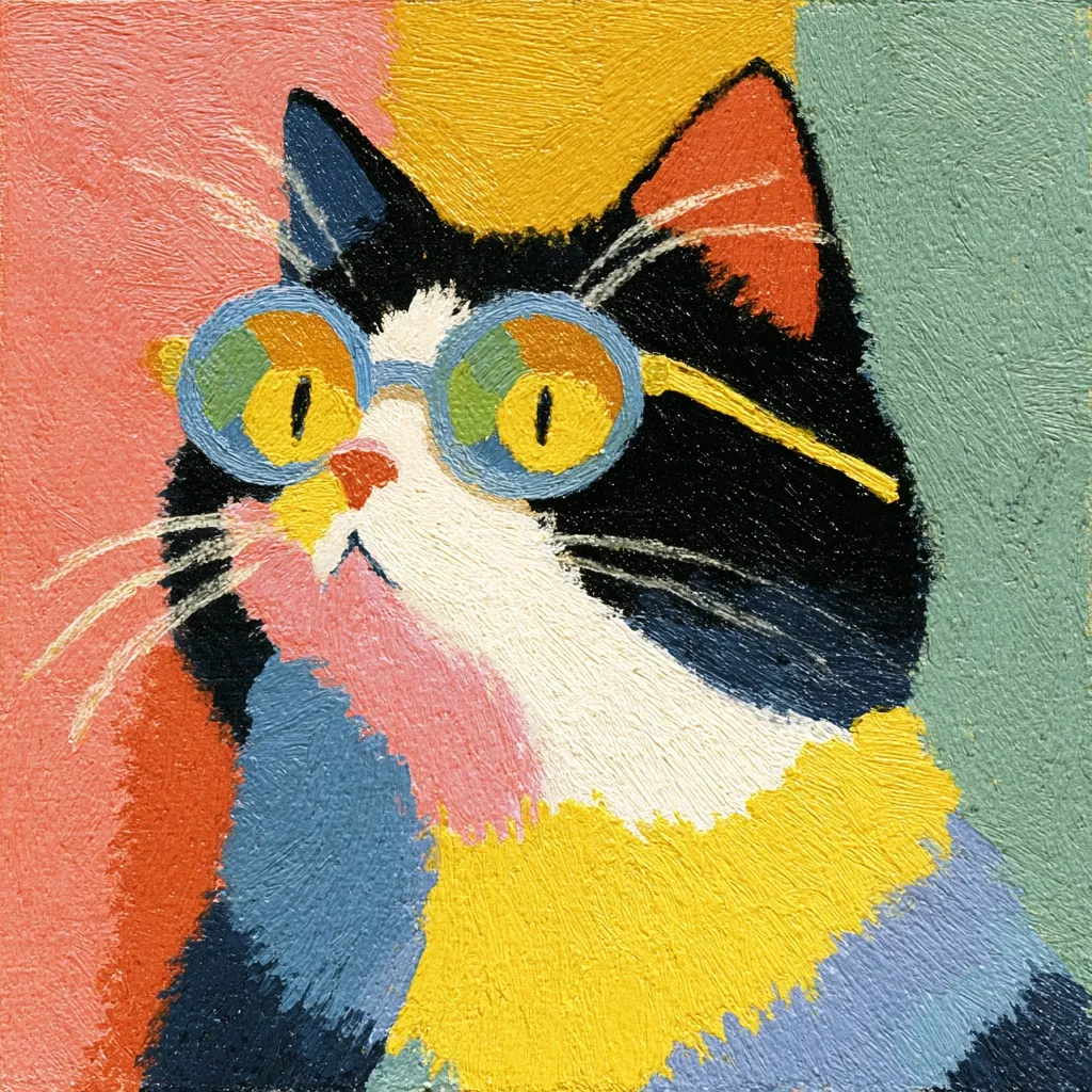 A vibrant, stylized painting of a tuxedo cat wearing oversized, colorful round glasses. The cat's fur is rendered in bold strokes of black, white, and a pop of pink on its chest.  The background is a playful arrangement of pink, yellow, and teal, creating a bold and cheerful composition. The cat's expression is curious and gentle. The painting's impasto style gives a textured feel, adding to its unique charm.