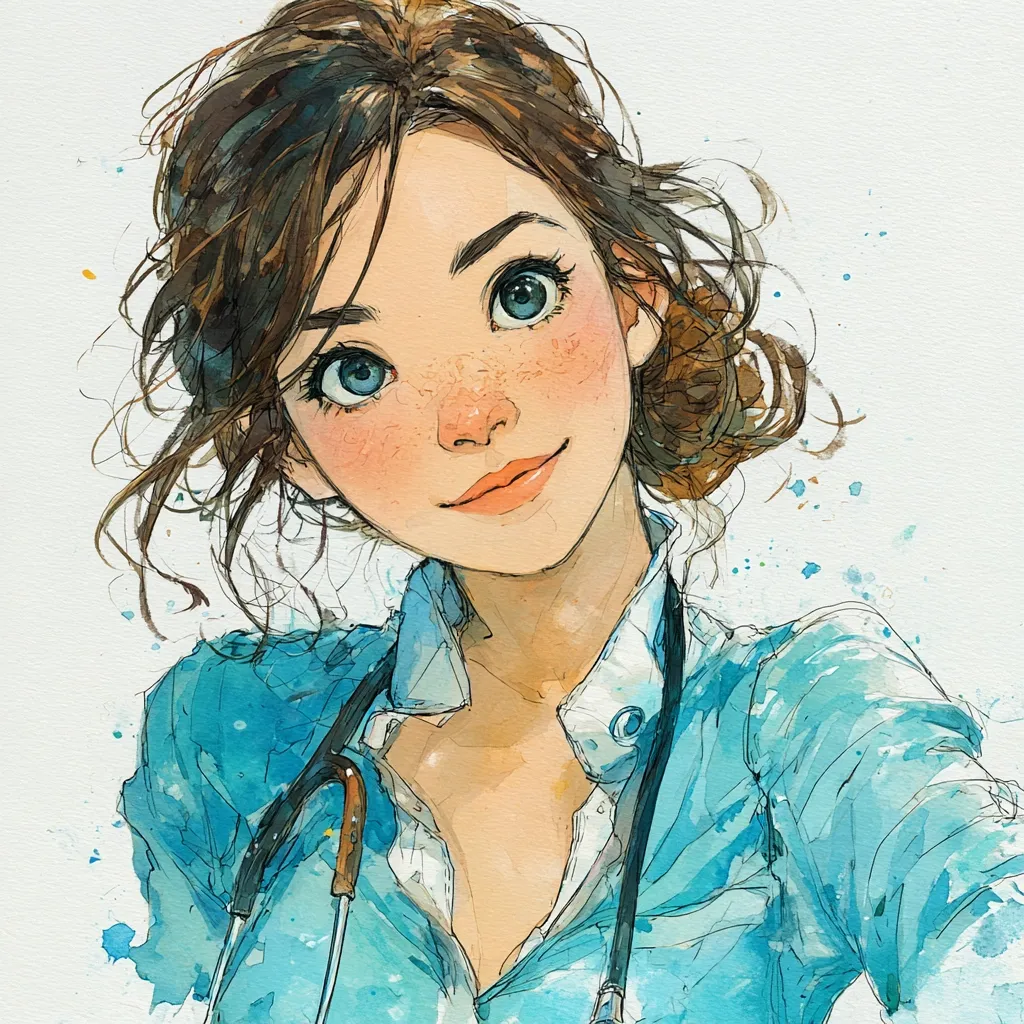 A watercolor painting depicts a young woman, possibly a doctor or nurse, with light brown hair styled in a loose bun.  She has large, expressive blue eyes and freckles, and wears a light blue shirt with a stethoscope draped around her neck.  The style is whimsical and slightly anime-influenced, with a soft, dreamy quality to the colors and brushstrokes. The background is a light wash of watercolor, enhancing the ethereal feel of the portrait.