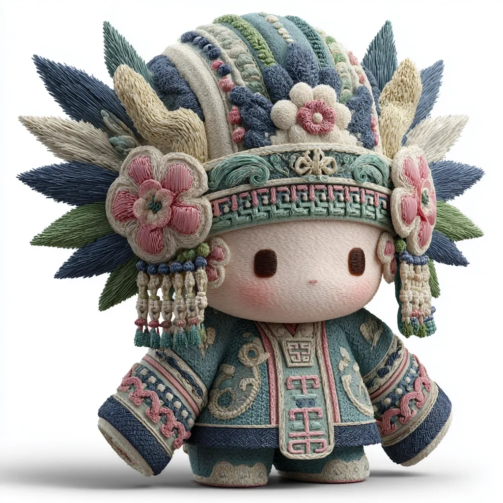 A charming, intricately detailed figurine is depicted, possibly representing a stylized child or mythical creature.  Adorned in a vibrant, embroidered headdress and robe, the design incorporates elements suggestive of East Asian traditional clothing and artistry.  The texture appears soft, like hand-stitched fabric, with a palette of muted blues, greens, and pinks.  The overall style blends cuteness with rich cultural detail.