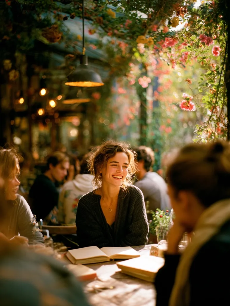 A young woman smiles warmly while sitting at an outdoor table, surrounded by friends and bathed in sunlight filtering through a floral canopy.  Open books rest on the table, suggesting a relaxed, studious atmosphere.  The scene is idyllic, with soft lighting and a vibrant, flower-filled setting.  The overall mood is peaceful and cheerful.