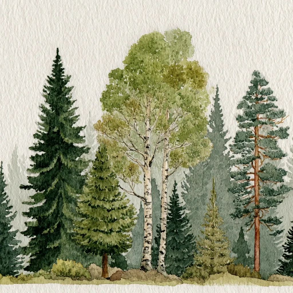 A watercolor painting depicts a tranquil forest scene.  Tall evergreens, their dark green needles detailed, dominate the composition, interspersed with lighter, birch-like trees with visible trunks.  Smaller evergreens and undergrowth fill the spaces between the larger trees, creating a sense of depth and density within the woodland. The soft, muted greens and grays of the painting convey a peaceful, atmospheric mood.