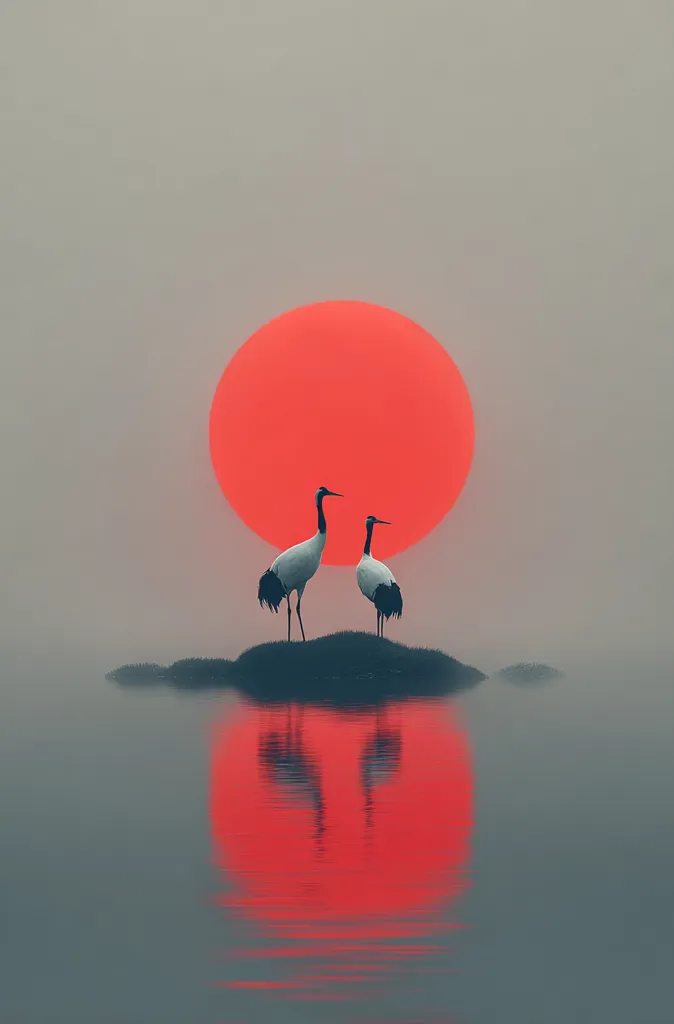Two red-crowned cranes stand serenely on a small island, silhouetted against a large, vibrant red sun setting over calm water.  Their reflections mirror the scene below, creating a tranquil and symmetrical image evoking a sense of peace and harmony with nature. The muted tones of the sky and water emphasize the striking red of the sun and the birds' elegant forms.