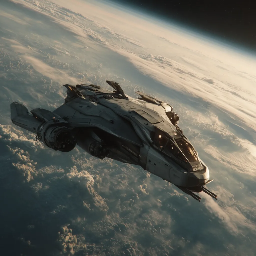 A sleek, grey spaceship soars through the atmosphere above a partly cloudy planet.  The vessel, with its angular design and visible engines, appears futuristic and powerful.  The curvature of the planet is visible in the background, bathed in the warm light of a rising or setting sun. The image evokes a sense of space travel and exploration.