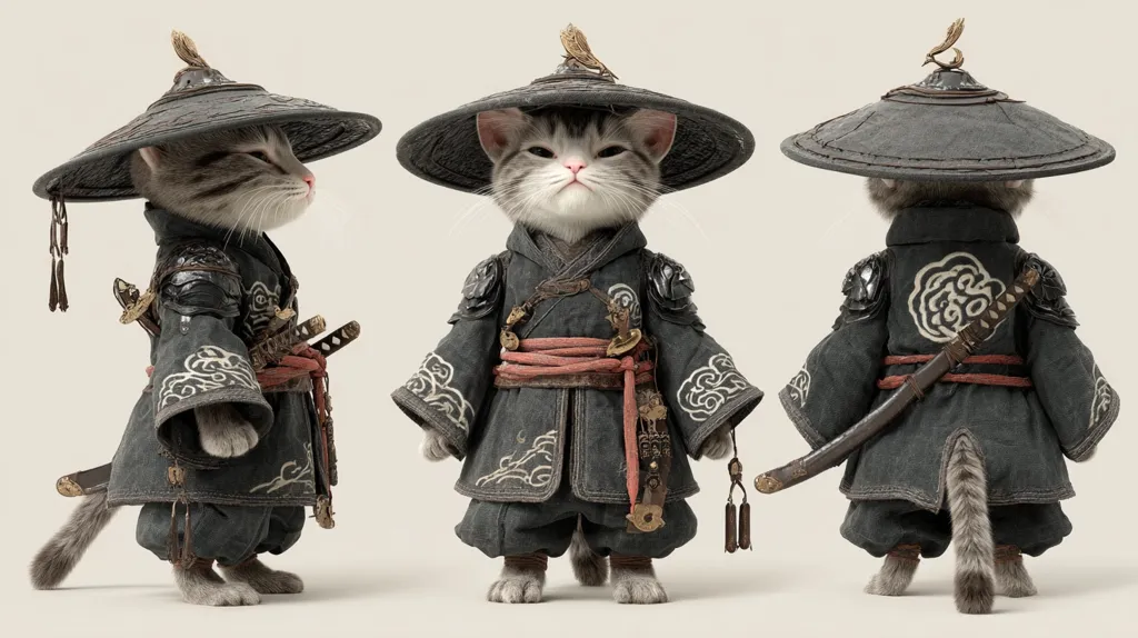 Three views of a gray tabby cat dressed in a meticulously detailed, dark gray samurai costume.  The outfit includes a wide-brimmed hat, a robe adorned with cloud motifs, shoulder armor, and a katana strapped to its back. The cat's expression is stoic, enhancing the overall impression of a miniature, feline warrior.  The high-quality rendering showcases impressive detail in the costume's texture and design.