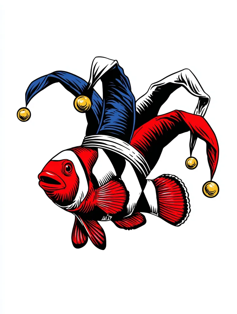 A vibrant illustration showcases a clownfish adorned with a jester's hat. The fish, rendered in bold red, white, and black, is positioned centrally.  The jester's hat, in shades of blue and red, is playfully perched atop the fish's head, adding a whimsical touch. The image is sharp and detailed, with a strong contrast against a white background.  The style is reminiscent of vintage woodcut prints or tattoo art.