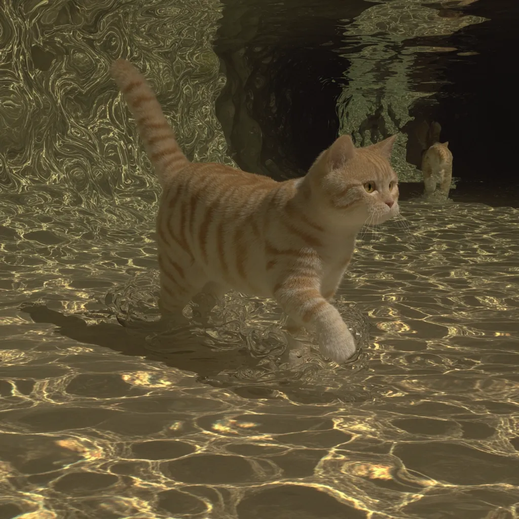A light orange tabby cat gracefully walks through shallow, sunlit water.  The water is calm, reflecting the light in shimmering patterns. The cat's fur appears wet, and it is walking towards a dark tunnel-like opening. Another cat is visible in the distance, also submerged. The scene is serene and ethereal, with a dreamlike quality.
