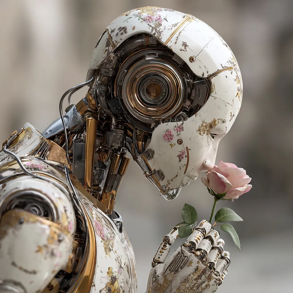 A meticulously detailed robot, styled with antique porcelain aesthetics and gold accents, delicately holds a pink rose to its face.  The robot's exposed mechanisms are intricately designed, contrasting the delicate floral patterns adorning its body.  The image suggests a blend of advanced technology and delicate beauty, possibly exploring themes of artificial intelligence and human-like emotions. The overall effect is one of both wonder and subtle melancholy.