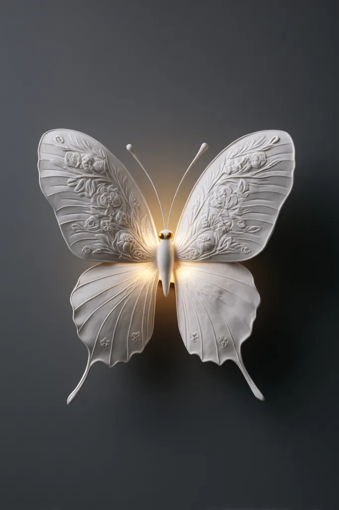 A white, intricately detailed butterfly wall lamp illuminates a dark gray wall. The butterfly's wings are adorned with embossed floral patterns, creating a delicate and elegant design. The soft, warm light emanating from the center adds a touch of whimsy and sophistication.  The overall effect is both artistic and functional, perfect for adding a unique ambiance to any space.