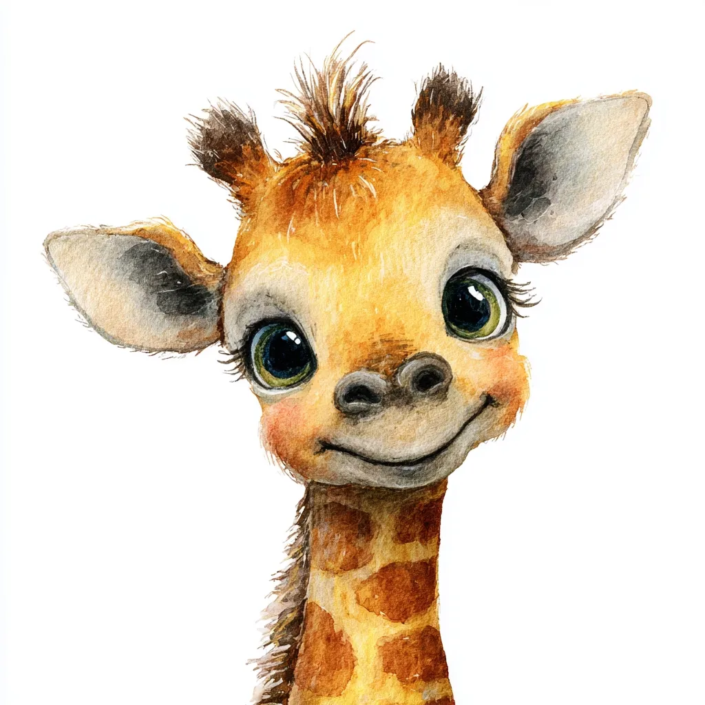 A charming watercolor painting depicts a baby giraffe's head and neck.  Its large, expressive eyes and endearing smile are highlighted, conveying a sense of playful innocence. The giraffe's fur is rendered with soft, warm tones of brown and tan, creating a fluffy texture.  The background is pure white, emphasizing the adorable subject.