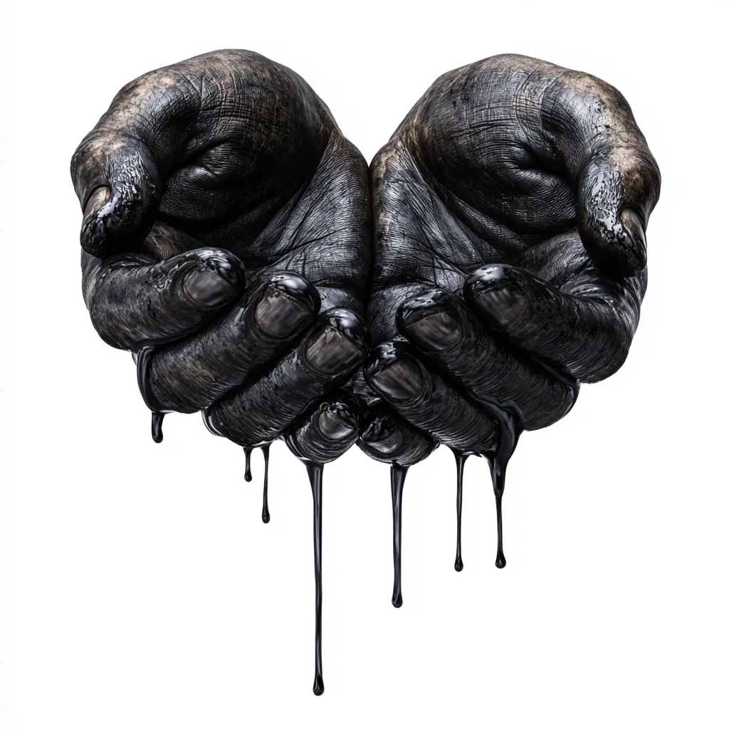 Two hands, cupped together, are completely covered in thick, black oil.  The oil drips from the hands, forming dark streaks against the stark white background.  The image creates a striking visual of abundance and the potential for both benefit and mess. The hands appear weathered and strong, suggesting hard labor.