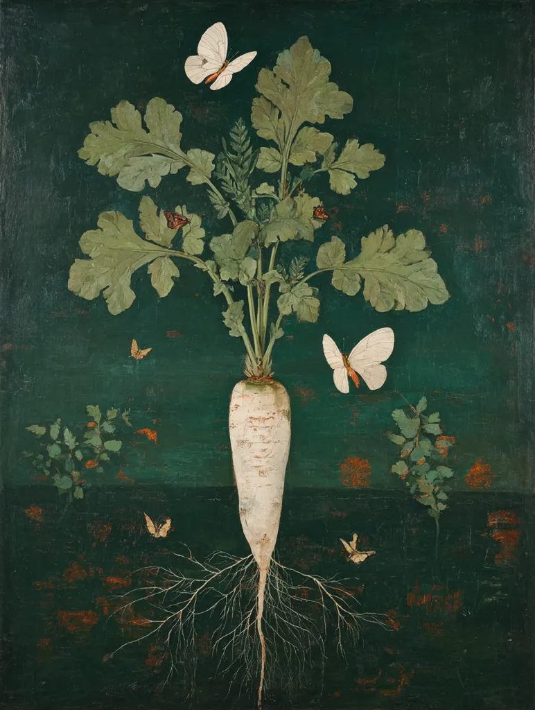 A painting depicts a large white radish with its roots prominently displayed against a dark green background.  The radish is surrounded by delicate green foliage and several white and smaller brown butterflies.  The overall style is reminiscent of still life painting, with a focus on detail and a muted color palette.  The image evokes a sense of quiet beauty and natural harmony.