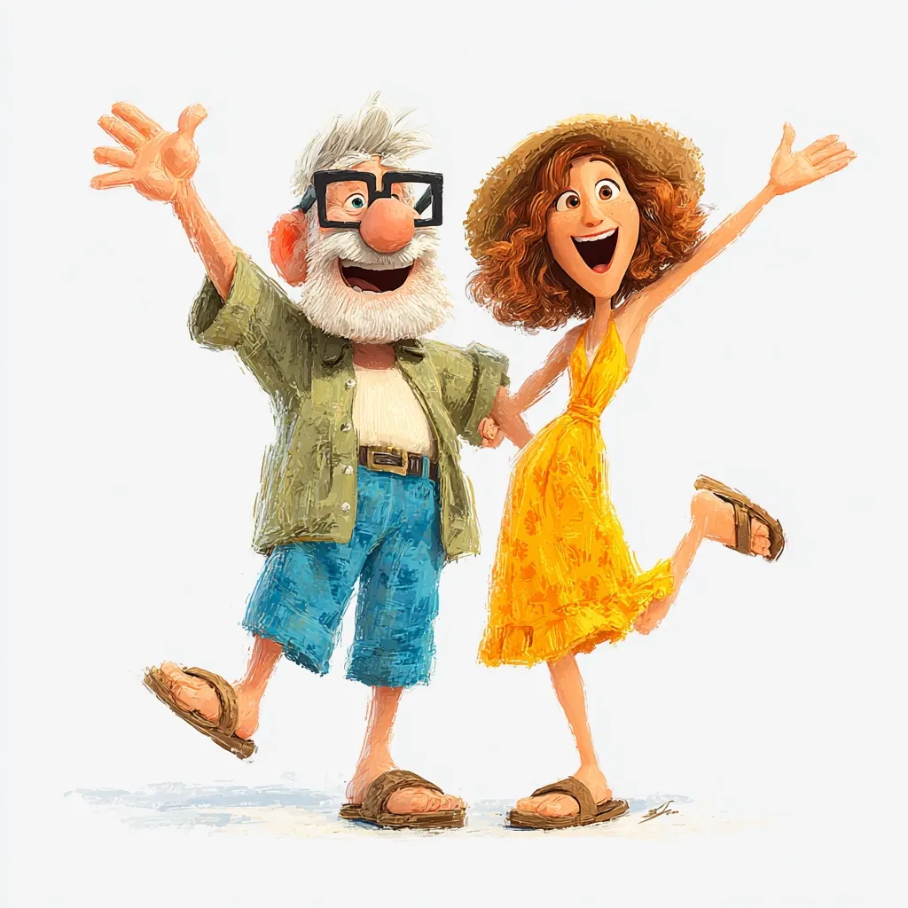 A joyful cartoon depiction of an elderly man and woman, hand-in-hand, radiating happiness.  The man, with glasses and a white beard, waves enthusiastically, while the woman in a yellow sundress playfully kicks her leg up.  Both are wearing sandals, suggesting a relaxed and carefree atmosphere.  The style is painterly and expressive, with visible brushstrokes adding to the lively mood.