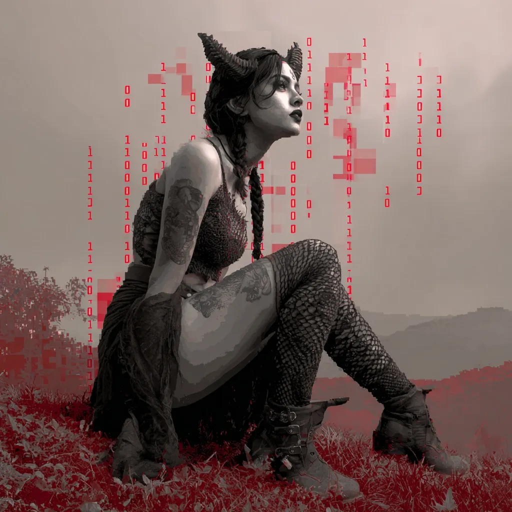 A grayscale image depicts a woman with horns, tattoos, and fishnet stockings, crouching in a field. She wears a dark, textured top and long sleeves.  Binary code in red overlays the image, creating a digital, otherworldly effect. The background is a blurred, muted landscape.  Her gaze is directed upward, adding to the mysterious and somewhat demonic aesthetic.