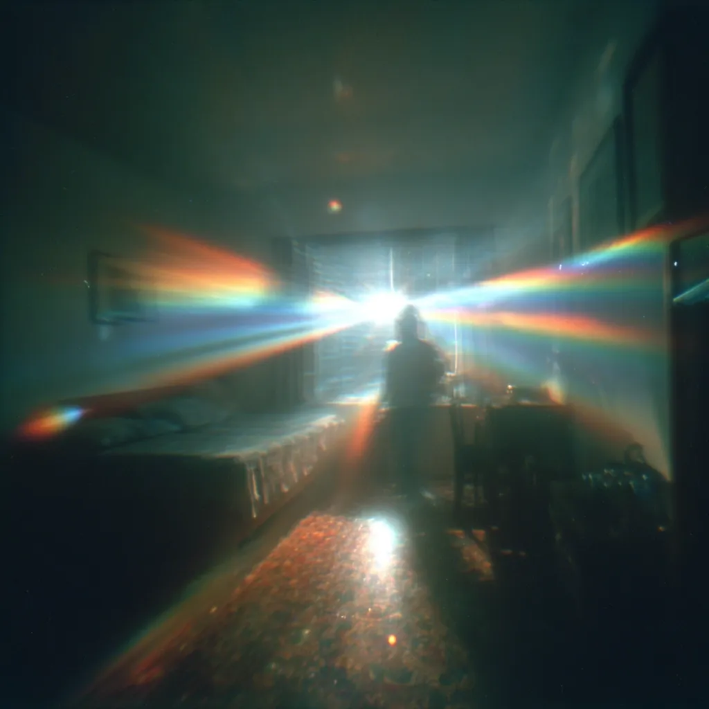 A dimly lit room is filled with vibrant, multicolored light rays emanating from a bright window.  A shadowy figure stands near the window, silhouetted against the intense light. The room contains a bed and what appears to be a small table and chair, all obscured by the dramatic light effects. The overall atmosphere is surreal and dreamlike.