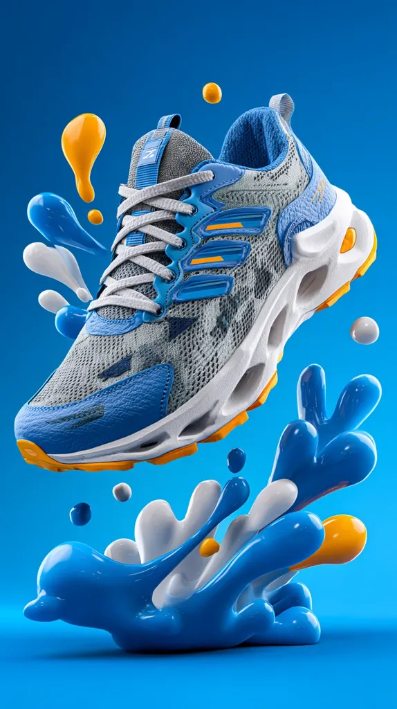 A blue and gray athletic shoe, with orange accents, is suspended mid-air above a vibrant splash of blue, white, and orange paint.  The shoe's design is modern and sleek, with a textured upper and a chunky, multi-layered sole. The dynamic composition creates a sense of energy and movement, highlighting the shoe's sporty aesthetic. The background is a solid blue, further emphasizing the vibrant colors of the paint and shoe.