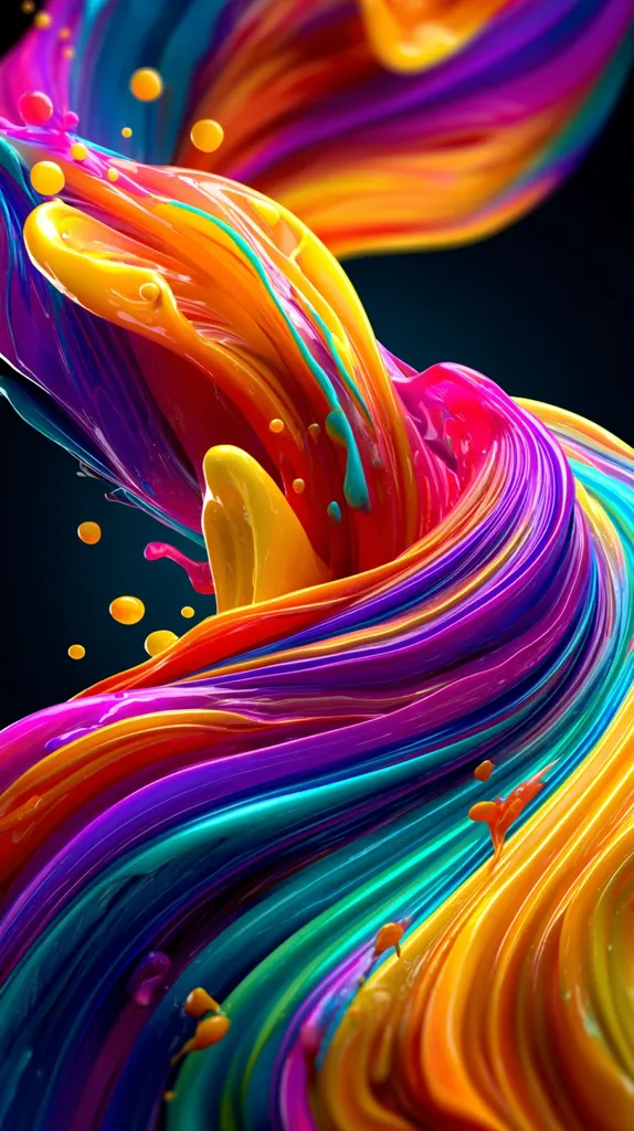 A vibrant, swirling mass of multicolored paint dominates the image.  The paint flows in thick, glossy ribbons of vibrant hues, including oranges, yellows, pinks, purples, and blues.  Smaller droplets of paint are scattered around the main flow, adding to the dynamic energy of the artwork.  The colors are intensely saturated and create a visually stunning, almost hypnotic effect.