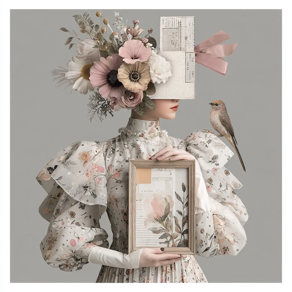 A woman in a vintage floral dress is adorned with a whimsical headdress of flowers and antique postcards.  A small bird perches on her shoulder, adding to the surreal and elegant atmosphere.  She holds a framed botanical print, complementing the delicate floral motifs throughout the image. The overall style is dreamlike and romantic, with a muted color palette enhancing the ethereal feel.
