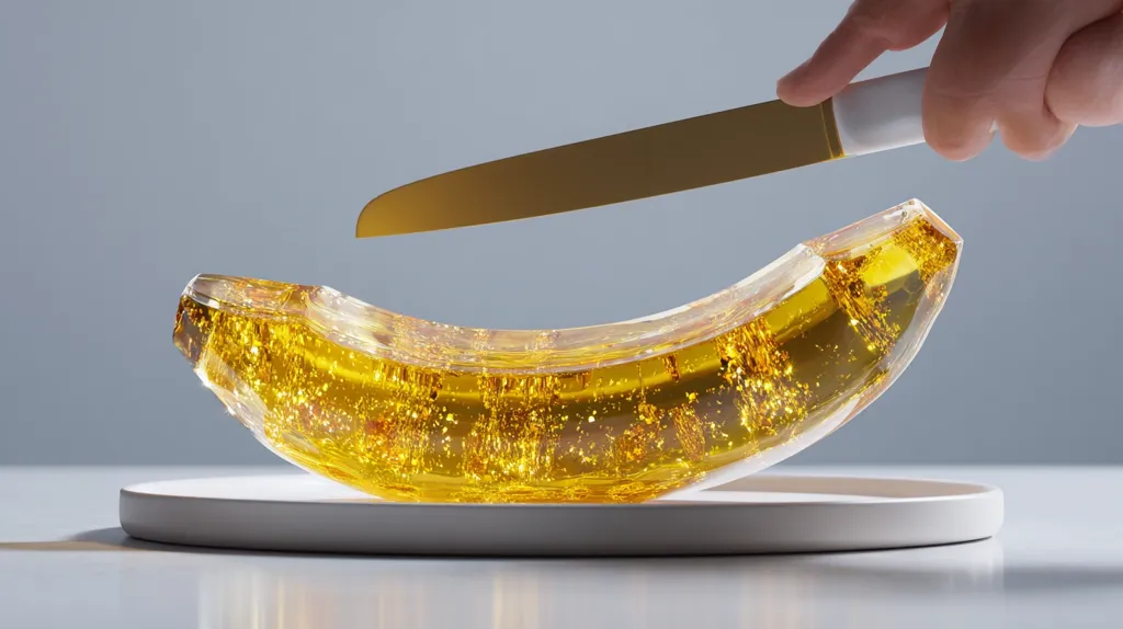 A hand holds a gold knife poised above a glass banana filled with shimmering, golden liquid.  The banana-shaped vessel rests on a white circular plate against a muted gray background.  The scene is meticulously styled, emphasizing the contrast between the smooth, metallic knife and the textured, liquid-filled glass form. The overall effect is one of artistic, almost surreal, presentation.