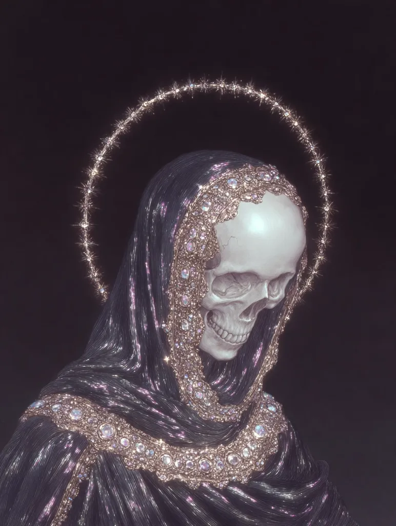 A skull, adorned in a dark, shimmering robe embellished with glittering gems, is depicted.  A halo of light surrounds its head, creating a striking contrast between the macabre subject and the opulent attire. The image evokes a sense of dark beauty and ethereal elegance, blending elements of mortality and divinity. The overall mood is somber yet captivating.