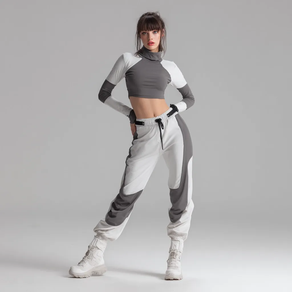 A young woman with dark hair styled in a bun poses against a light gray background. She's wearing a stylish two-piece athletic outfit: a gray long-sleeved crop top and white and gray color-blocked sweatpants.  Her pose is confident and relaxed, and she's wearing white high-top sneakers, completing a modern and sporty look.