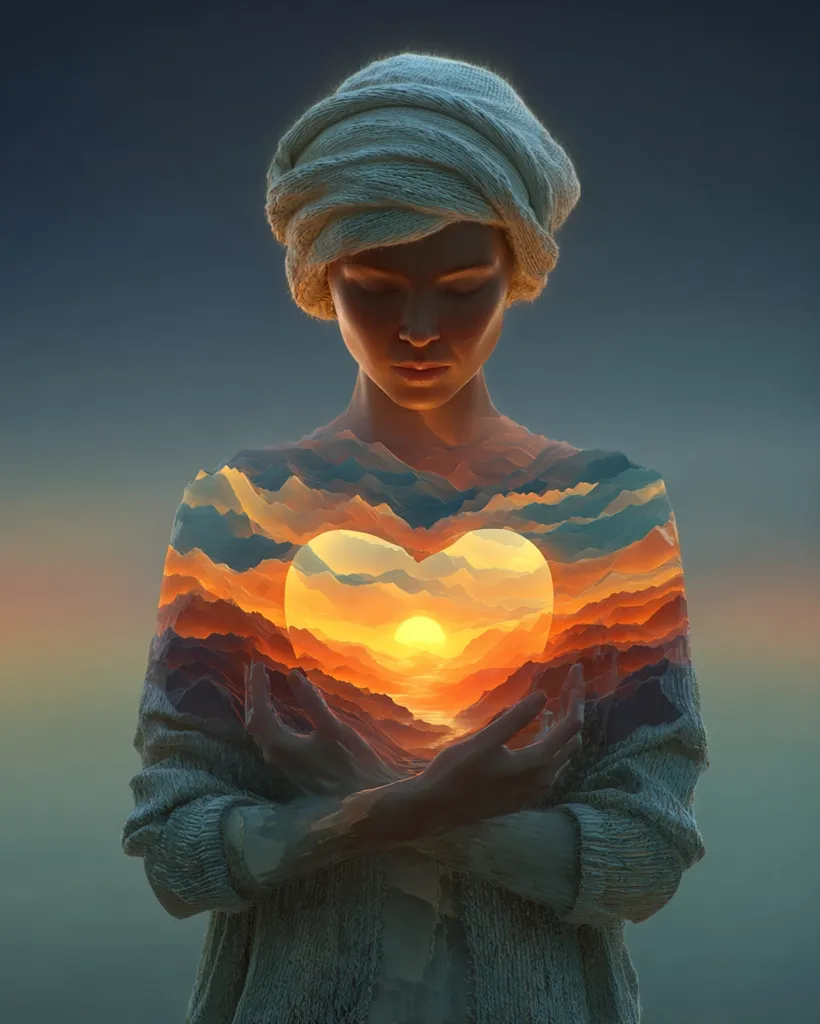 A woman, adorned in a soft, light-colored head wrap, stands serenely.  Her torso is a breathtaking blend of human form and a vibrant landscape, revealing a heart-shaped sunset nestled within mountains.  Her hands gently cradle this inner world, suggesting a profound connection between inner peace and the beauty of nature. The overall mood is one of contemplative serenity and quiet strength.