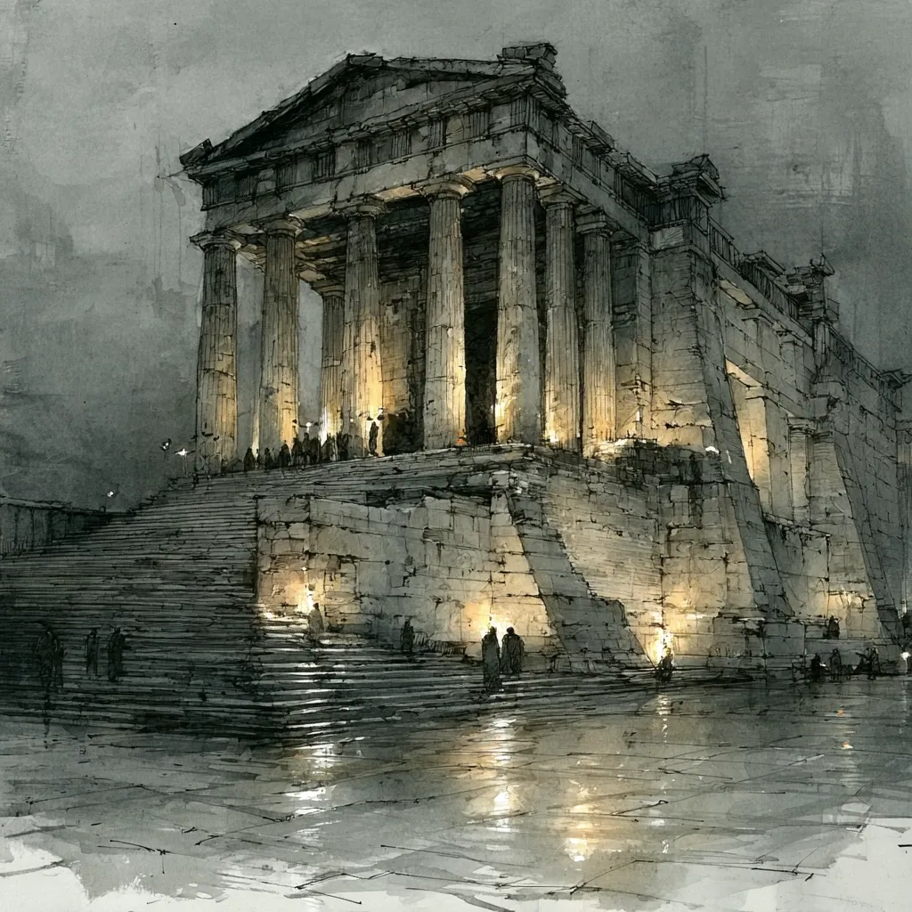 A grayscale watercolor painting depicts a grand classical temple at night.  Illuminated by soft, warm lights at its base and steps, the temple's imposing structure stands prominently, showcasing its many columns and expansive staircase.  Figures, small in scale, are scattered around the temple, adding a sense of atmosphere and scale.  The wet ground reflects the lights, creating a serene yet dramatic ambiance. The overall style is detailed and atmospheric, hinting at a historical or mythological setting.