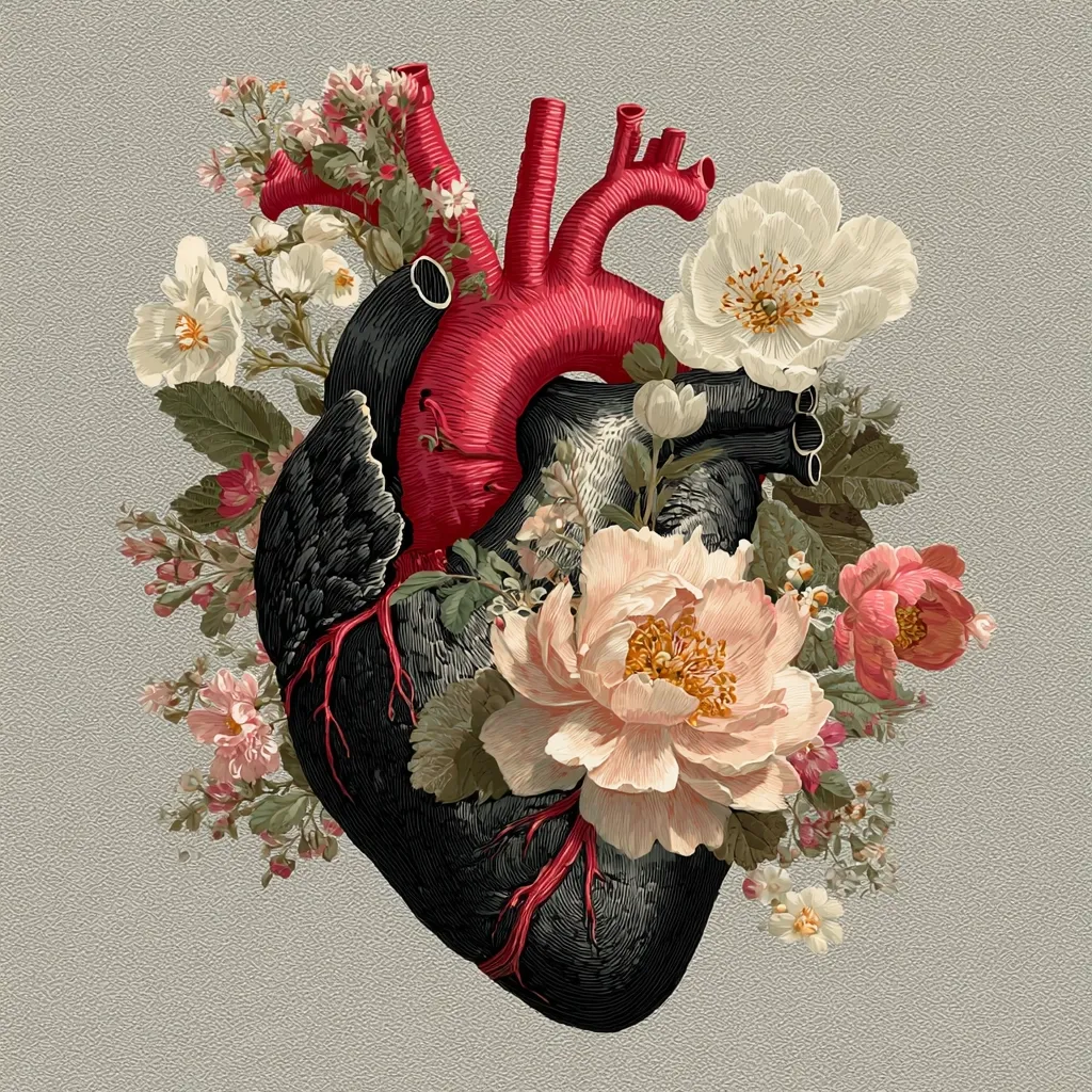 A detailed anatomical illustration of a human heart is intricately adorned with a vibrant array of flowers.  The heart, rendered in dark tones, is contrasted by the bright pinks, whites, and peaches of the blossoms.  Various flowers, including roses and peonies, are meticulously arranged around the heart, creating a striking visual juxtaposition of organic and anatomical forms. The overall style is reminiscent of vintage botanical illustrations.