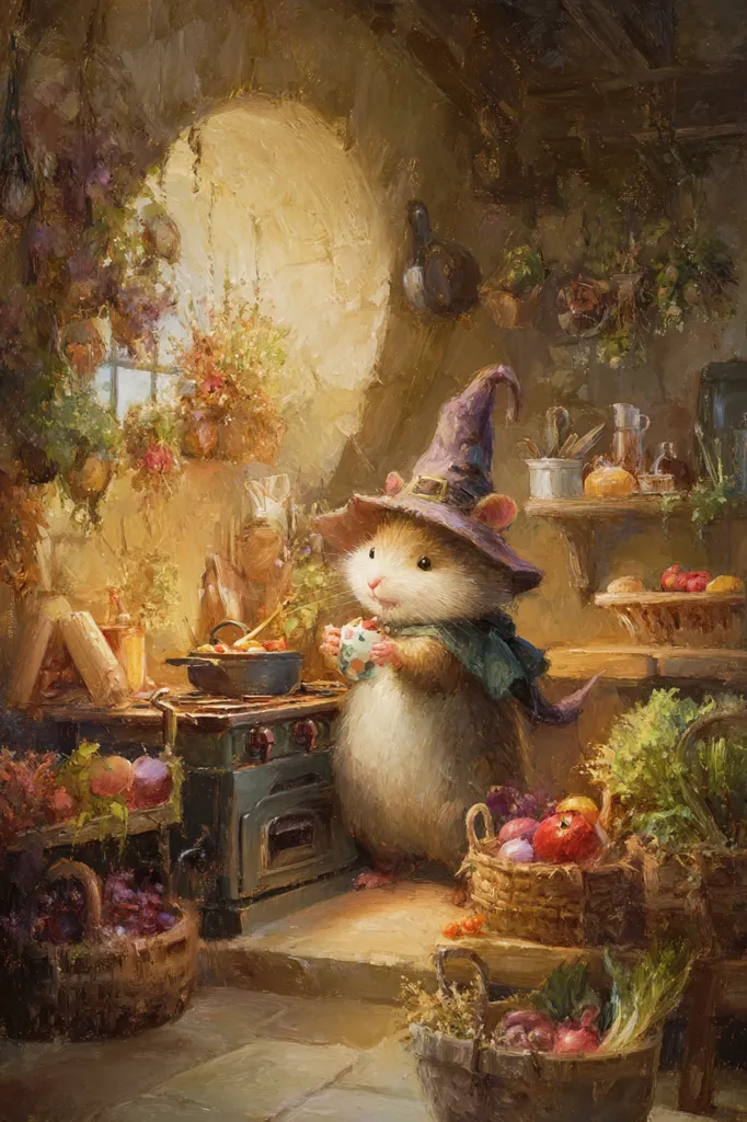 A charming painting depicts a whimsical hamster wearing a purple wizard hat in a cozy kitchen.  The hamster, seemingly a tiny chef, stirs a pot on a vintage stove, surrounded by fresh produce in rustic baskets.  Soft, warm light streams in from a window, illuminating the scene and creating a magical, enchanting atmosphere.  The overall style is reminiscent of a children's book illustration, blending fantasy and realism.